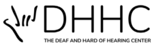 A sign language "I Love You" hand is to the right of "DHHC". Underneath is "The Deaf and Hard of Hearing Center". Everything is black.