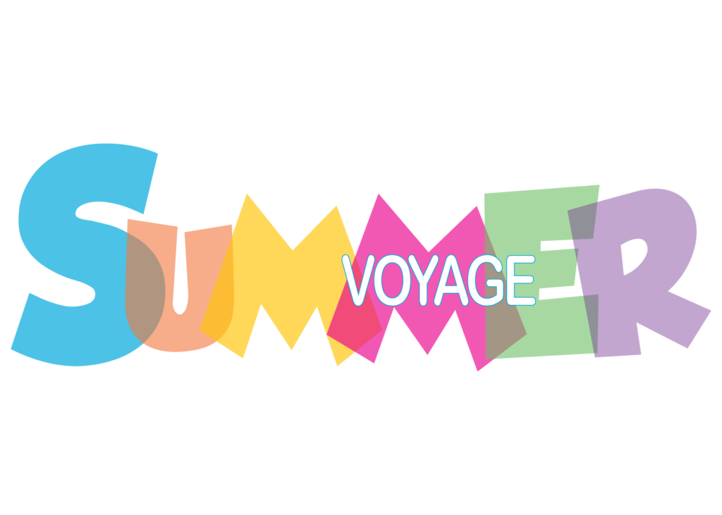 The word “SUMMER” is written in large, colorful, playful block letters. Each letter is a different color, including blue, orange, yellow, pink, green, and purple. The letters overlap slightly, creating a dynamic, fun look. The word “VOYAGE” is written in smaller, light blue letters and placed inside the larger word “SUMMER,” specifically over the letters “MM.” The style conveys excitement and energy, suggesting a vibrant summer adventure.